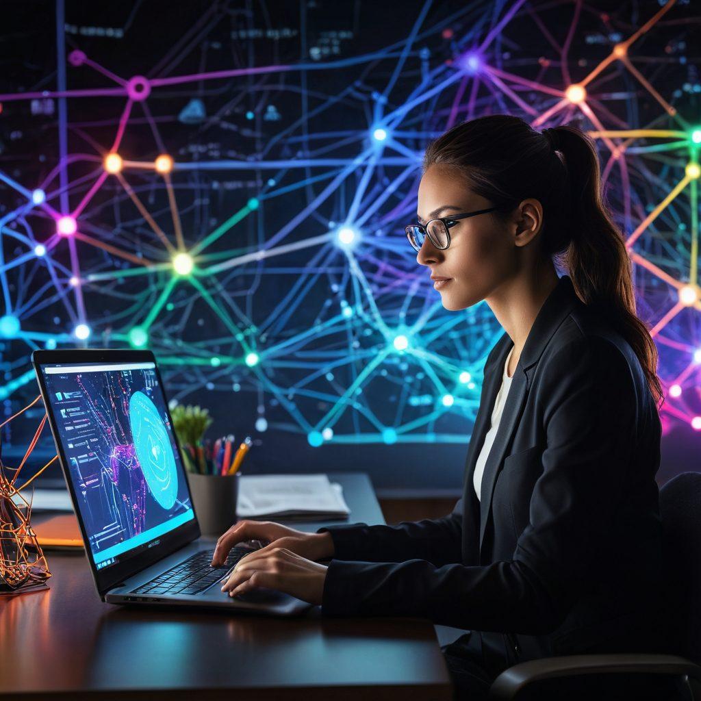 A detailed and dynamic visual of a tech-savvy individual working on a high-tech laptop surrounded by colorful network diagrams and open-source logos, with a glowing router in the foreground. The background features data flow graphics and circuit patterns to symbolize optimal network performance. Soft, futuristic lighting enhances the high-tech atmosphere. super-realistic. vibrant colors.