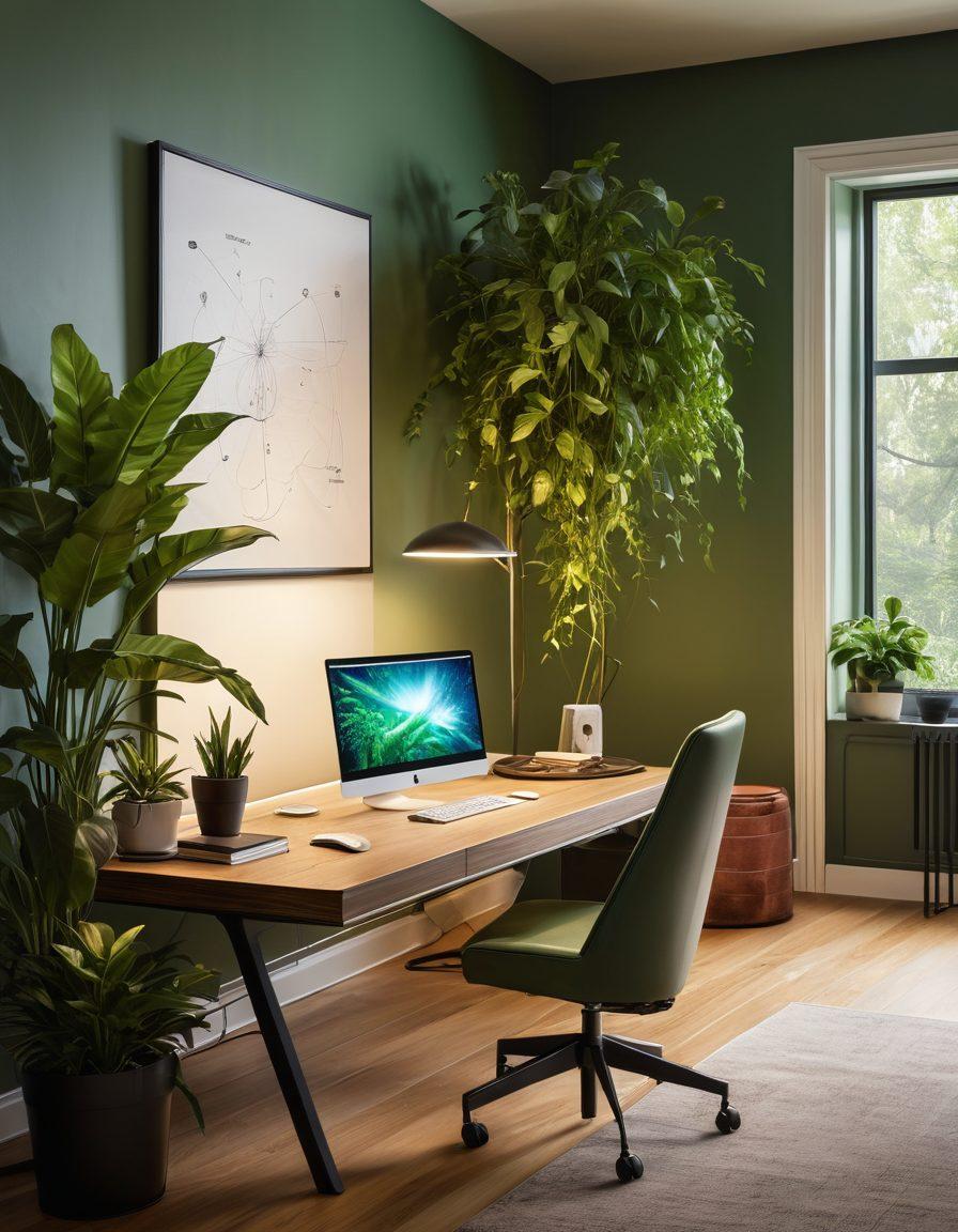 A sleek, modern home office setup showcasing advanced wireless networking equipment like routers and antennas, with glowing LED lights and flowing data visualization graphics around them. A person is configuring their setup on a sleek laptop, surrounded by plants and clean lines for a fresh and innovative feel. The atmosphere is energetic and futuristic, highlighting the importance of connectivity and technology in daily life. vibrant colors. super-realistic.