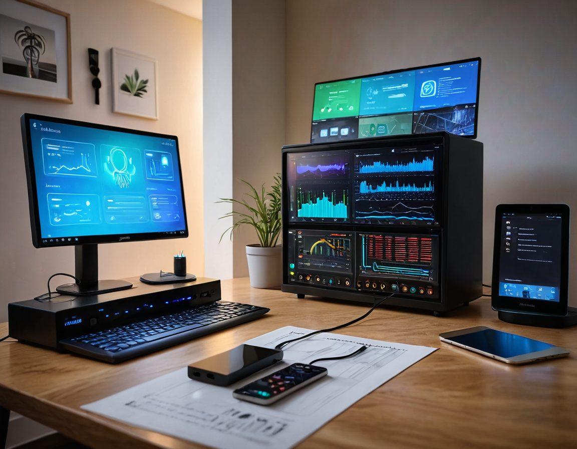 A technologically advanced home networking setup showcasing various devices running OpenWRT firmware, surrounded by dynamic streams of data visualizations in the air. Include a confident user taming the interface on a laptop, with a sleek router in the foreground and glowing icons symbolizing enhanced features like privacy, speed, and control. The background features a warm, inviting home environment. vibrant colors. super-realistic.